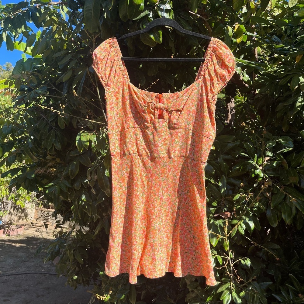 Bec + Bridge orange silk floral cutout twist front short puff sleeve mini dress